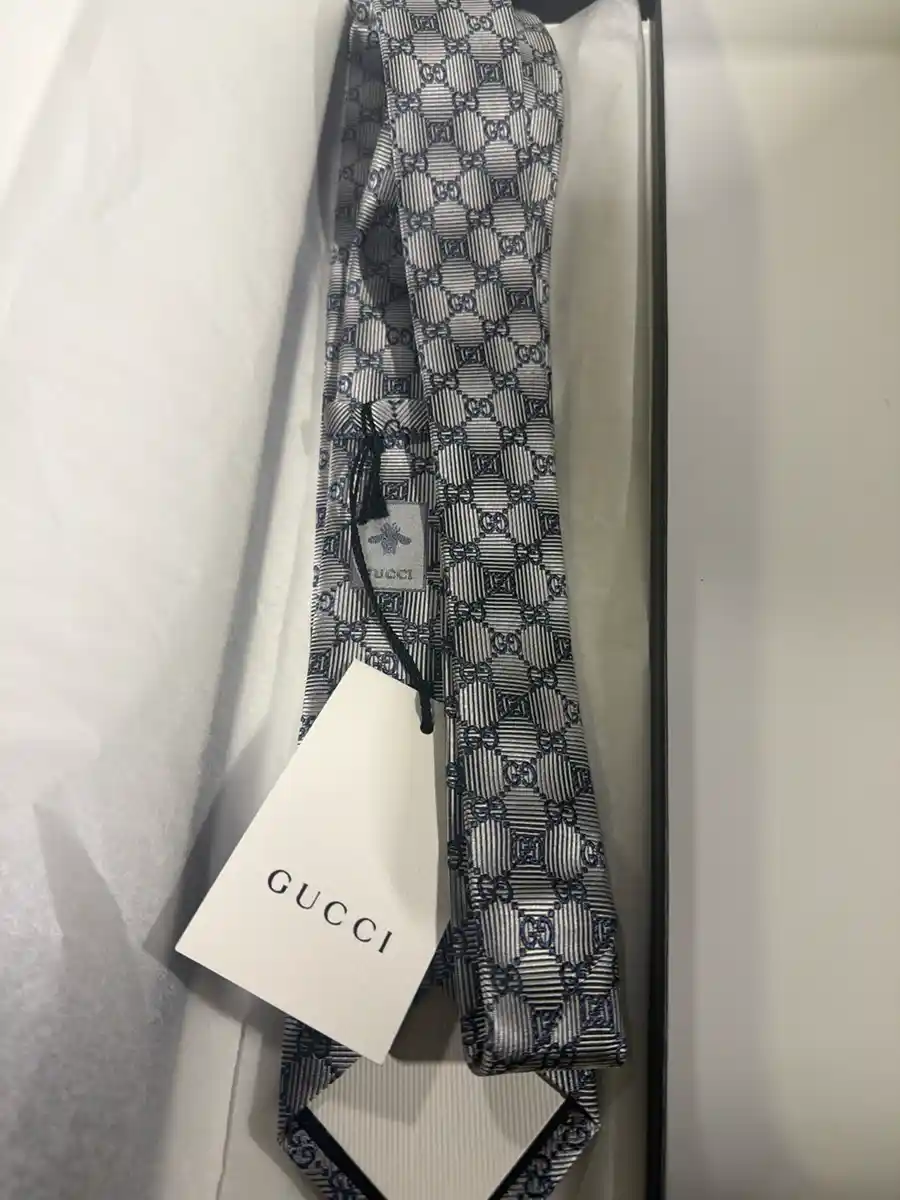 Gucci Tie Gg Pattern Bee Navy Embroidery Thick Glossy - Image 4